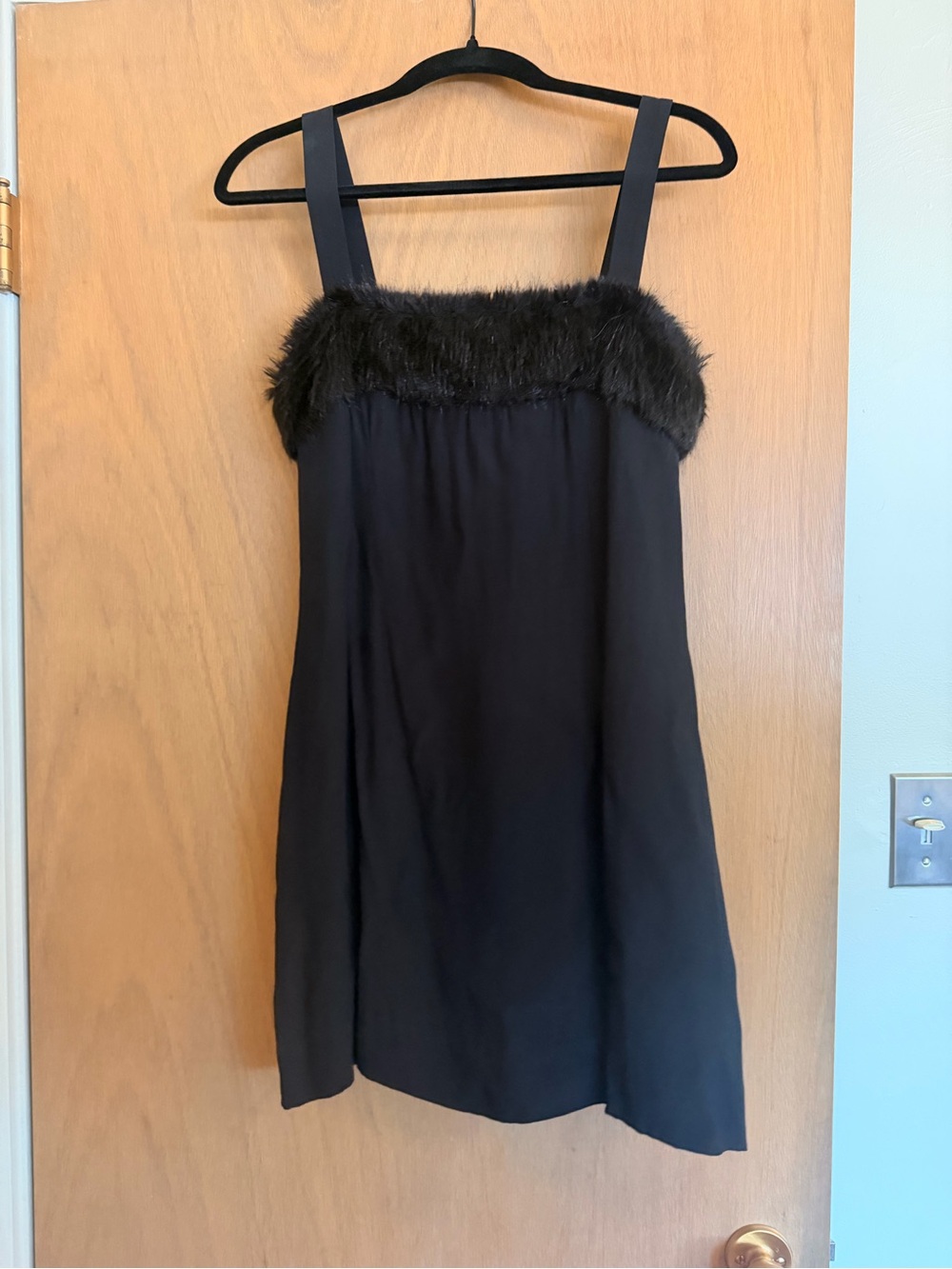 STAUD Black Faux Fur-Trim Strap Dress